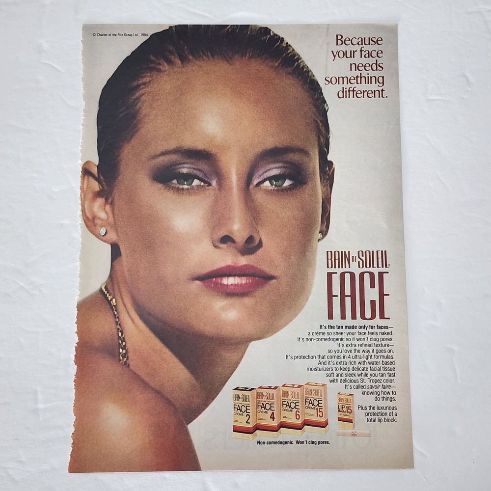 Vintage 1984 Bain de Soleil Face Creme Tan Print Ad Magazine Clipping 8x11